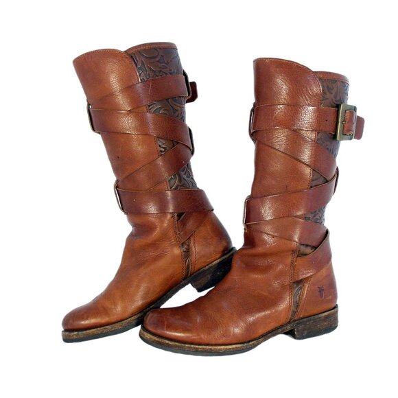 FRYE Veronica RARE Floral Hand-Tooled Embossed Leather Strappy Boots Women's 8 - Picture 2 of 13